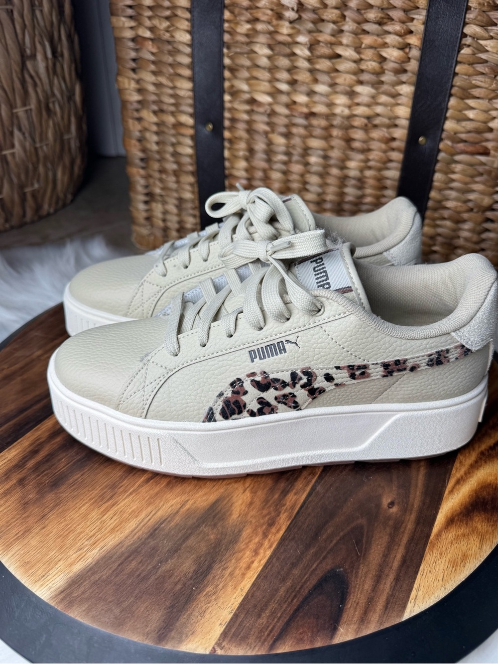 Puma Women's Cream Platform Sneakers with Leopard-Print Formstrip